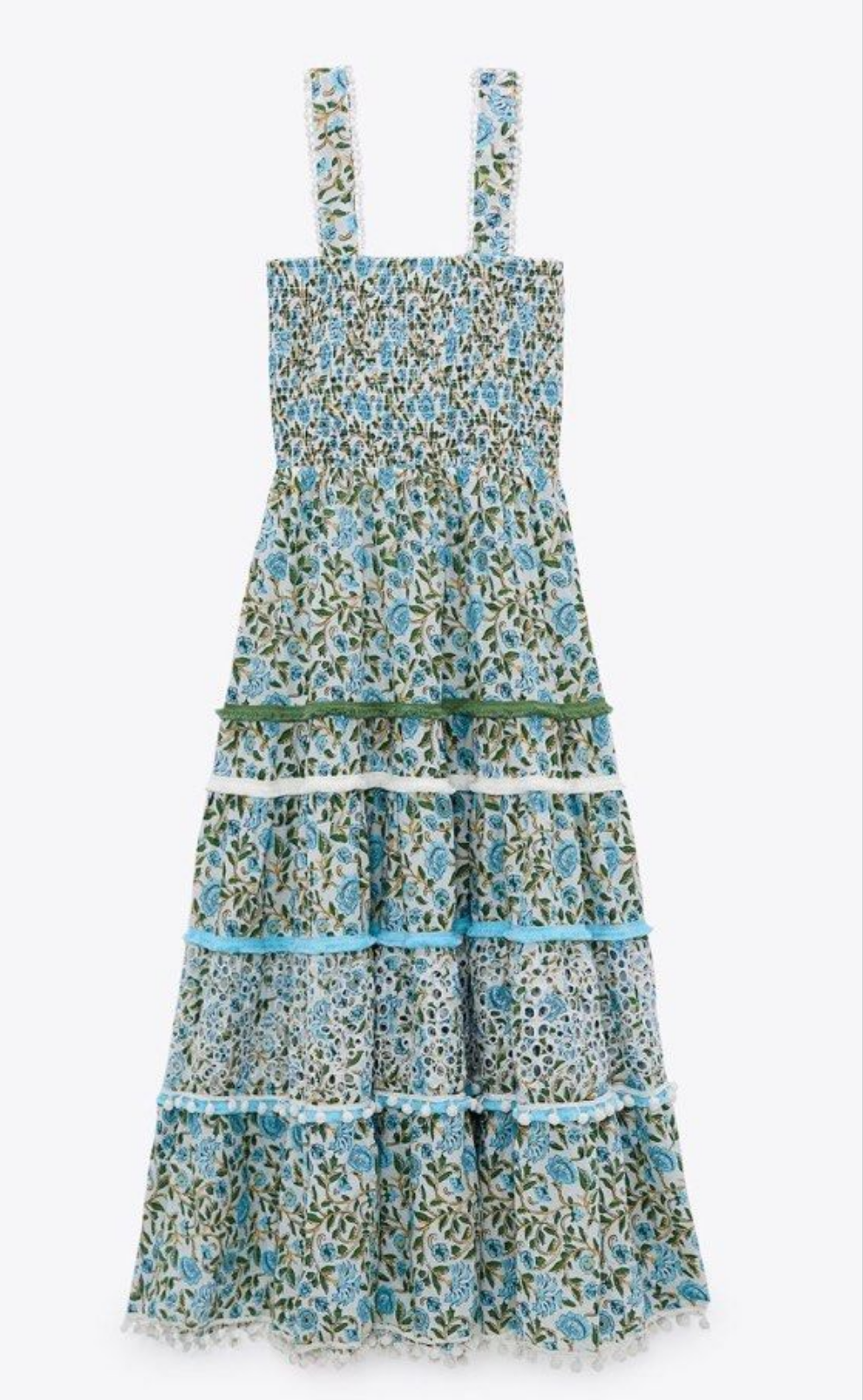 ZAR✨️ The Kandy Dress Floral Midi Tiered Pom Pom Smocked Boho Blue/Green