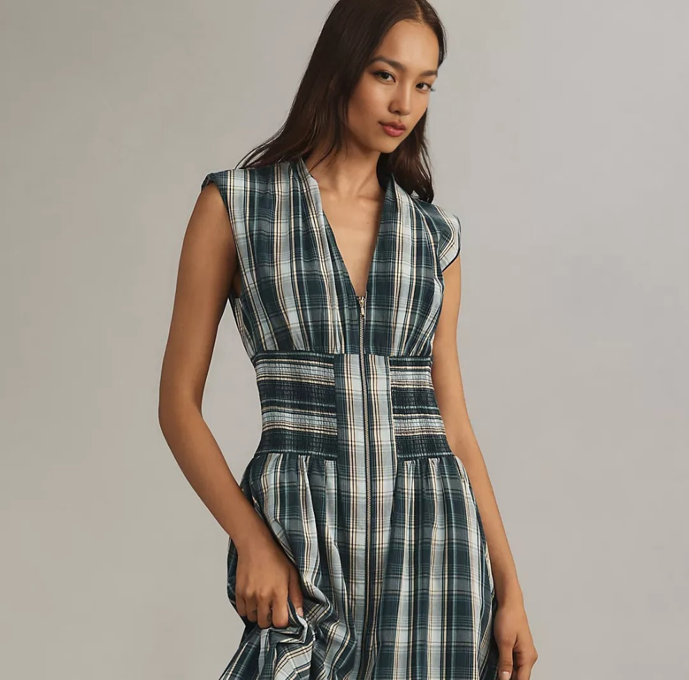 ANTHROPOLOGI✨️ Tommie Cap Sleeve Smocked Front Zip Shirt Dress