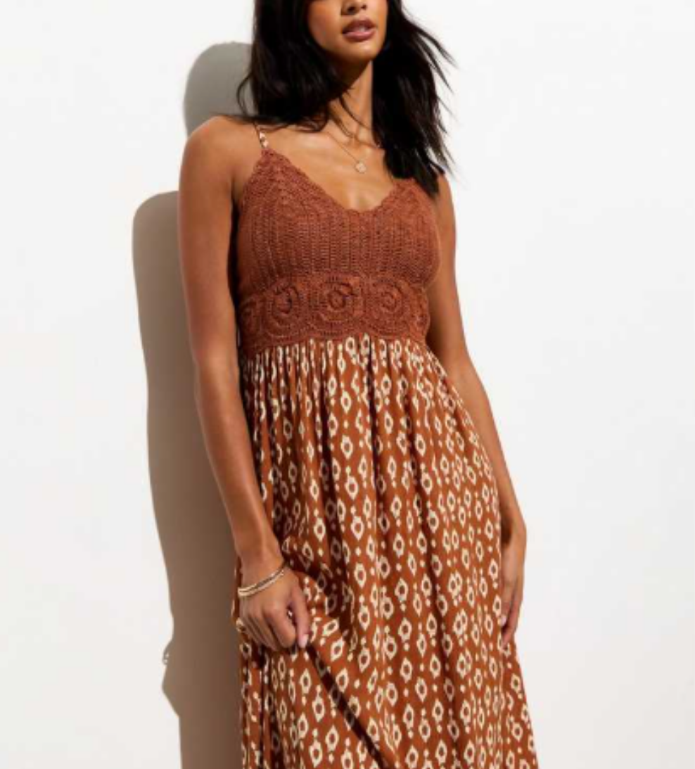 NE✨️ LOOK Brown Crochet Bust Square Print Maxi Dress