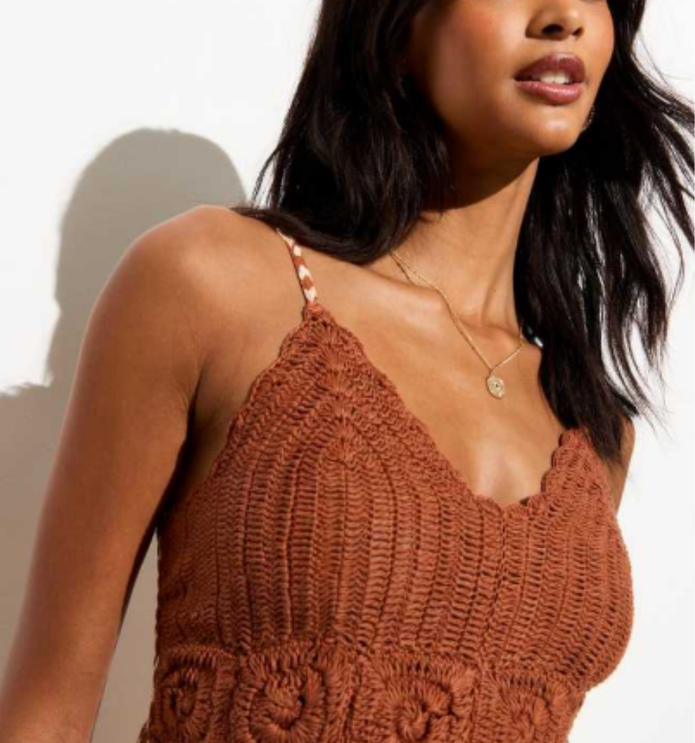 NE✨️ LOOK Brown Crochet Bust Square Print Maxi Dress