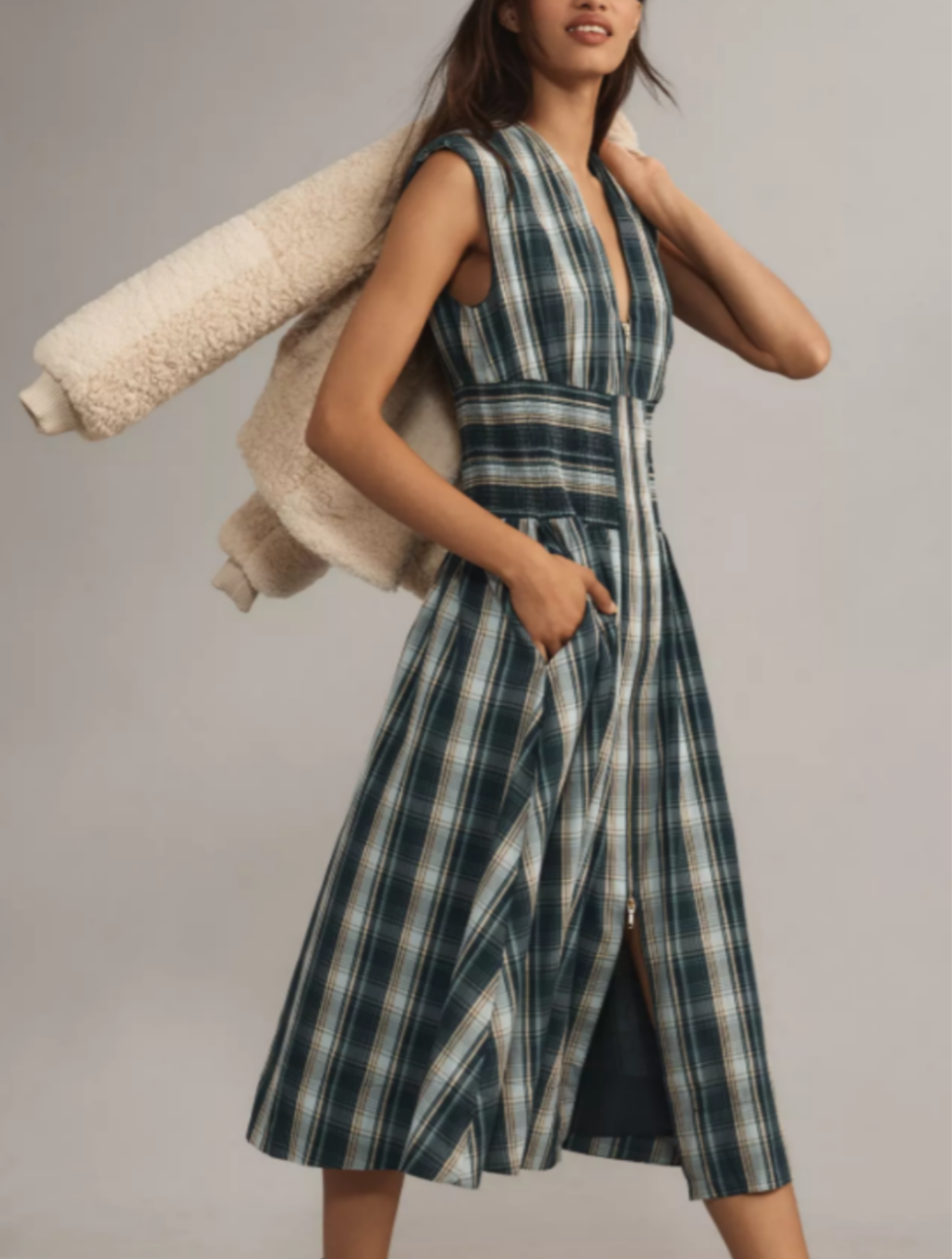 ANTHROPOLOGI✨️ Tommie Cap Sleeve Smocked Front Zip Shirt Dress