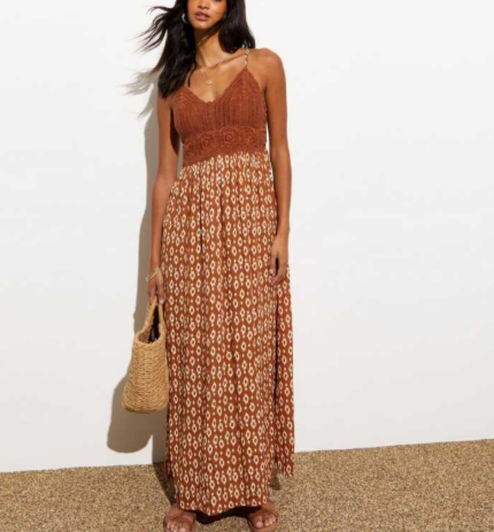 NE✨️ LOOK Brown Crochet Bust Square Print Maxi Dress