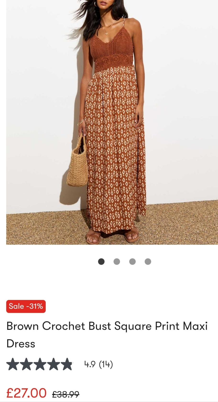NE✨️ LOOK Brown Crochet Bust Square Print Maxi Dress