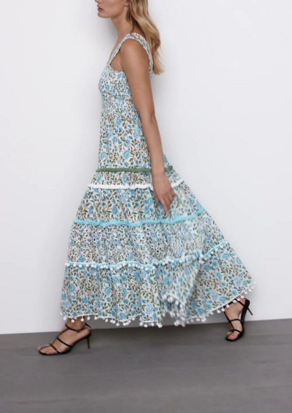 ZAR✨️ The Kandy Dress Floral Midi Tiered Pom Pom Smocked Boho Blue/Green