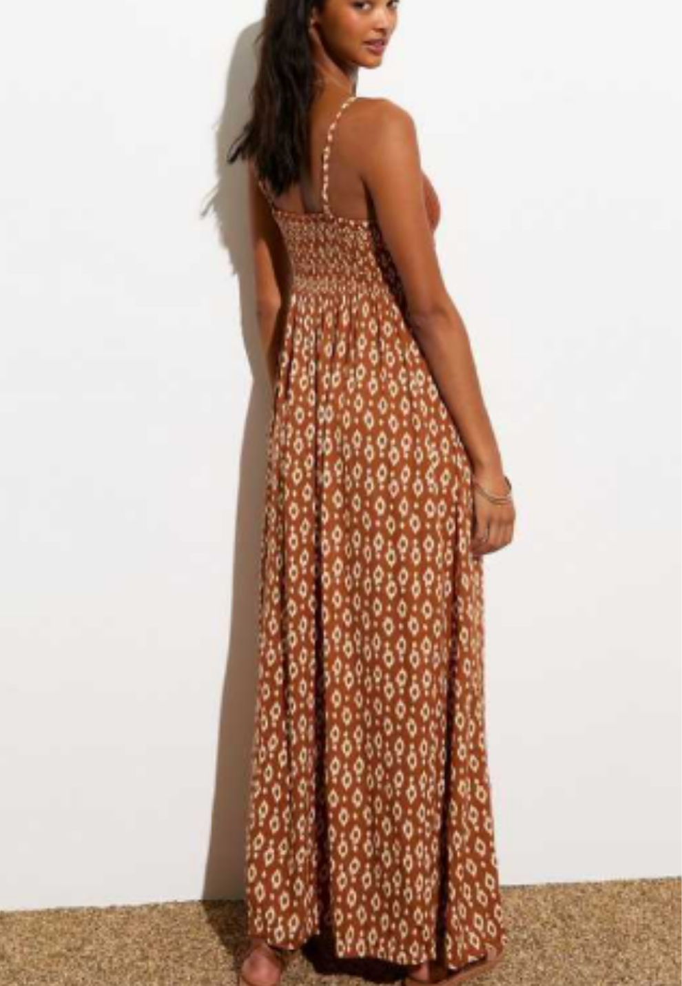 NE✨️ LOOK Brown Crochet Bust Square Print Maxi Dress