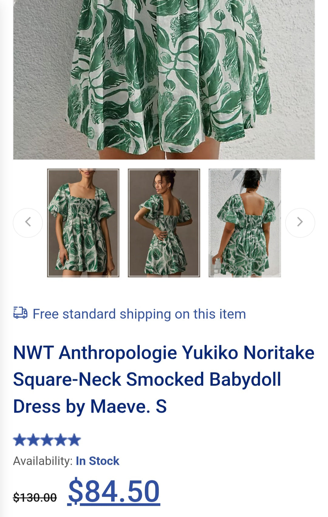 ANTHROPOLOGI✨️ Yukiko Noritake Square-Neck Smocked Babydoll Dress