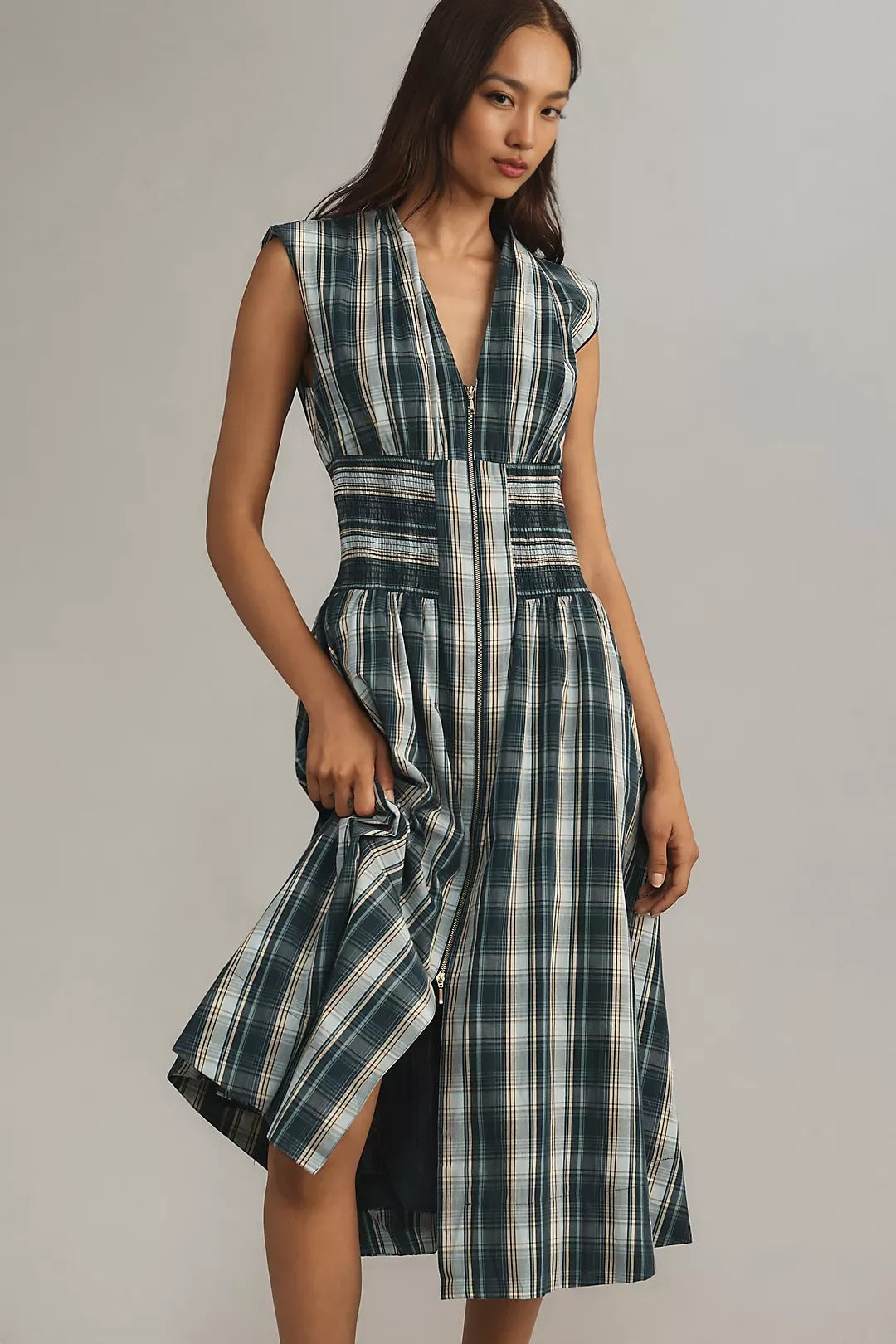 ANTHROPOLOGI✨️ Tommie Cap Sleeve Smocked Front Zip Shirt Dress