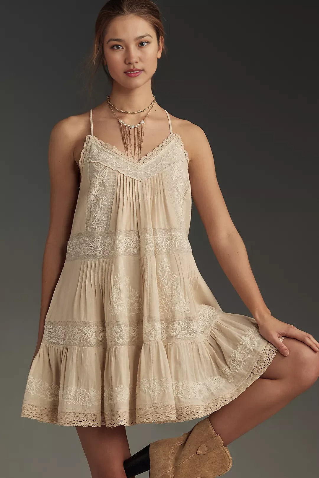 ANTHROPOLOGI✨️Embroidered Pintuck Mini Dress