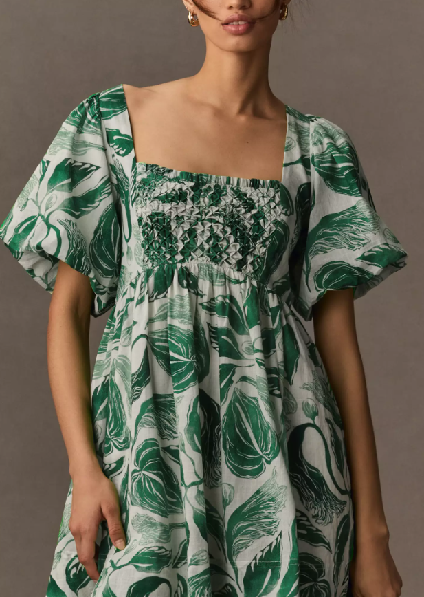 ANTHROPOLOGI✨️ Yukiko Noritake Square-Neck Smocked Babydoll Dress
