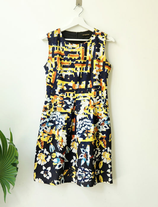 Love & Girl abstract print skater dress - navy blue/yellow