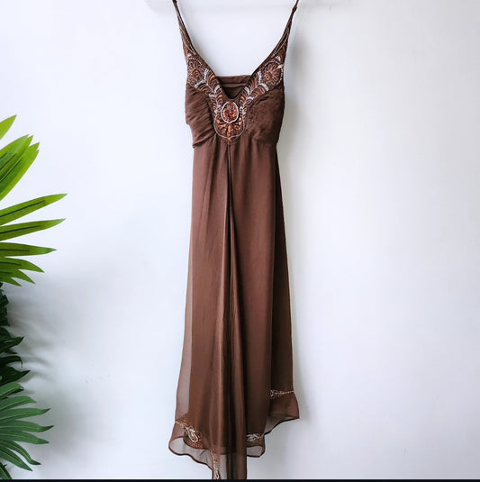 100% silk embellished midi dress - brown