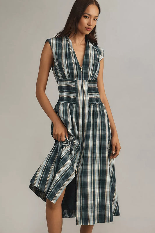ANTHROPOLOGI✨️ Tommie Cap Sleeve Smocked Front Zip Shirt Dress